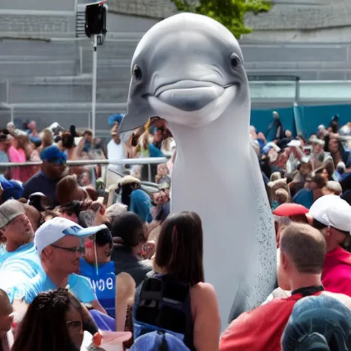 Image similar to a politician with a dolphin head talking to a crowd of Americans