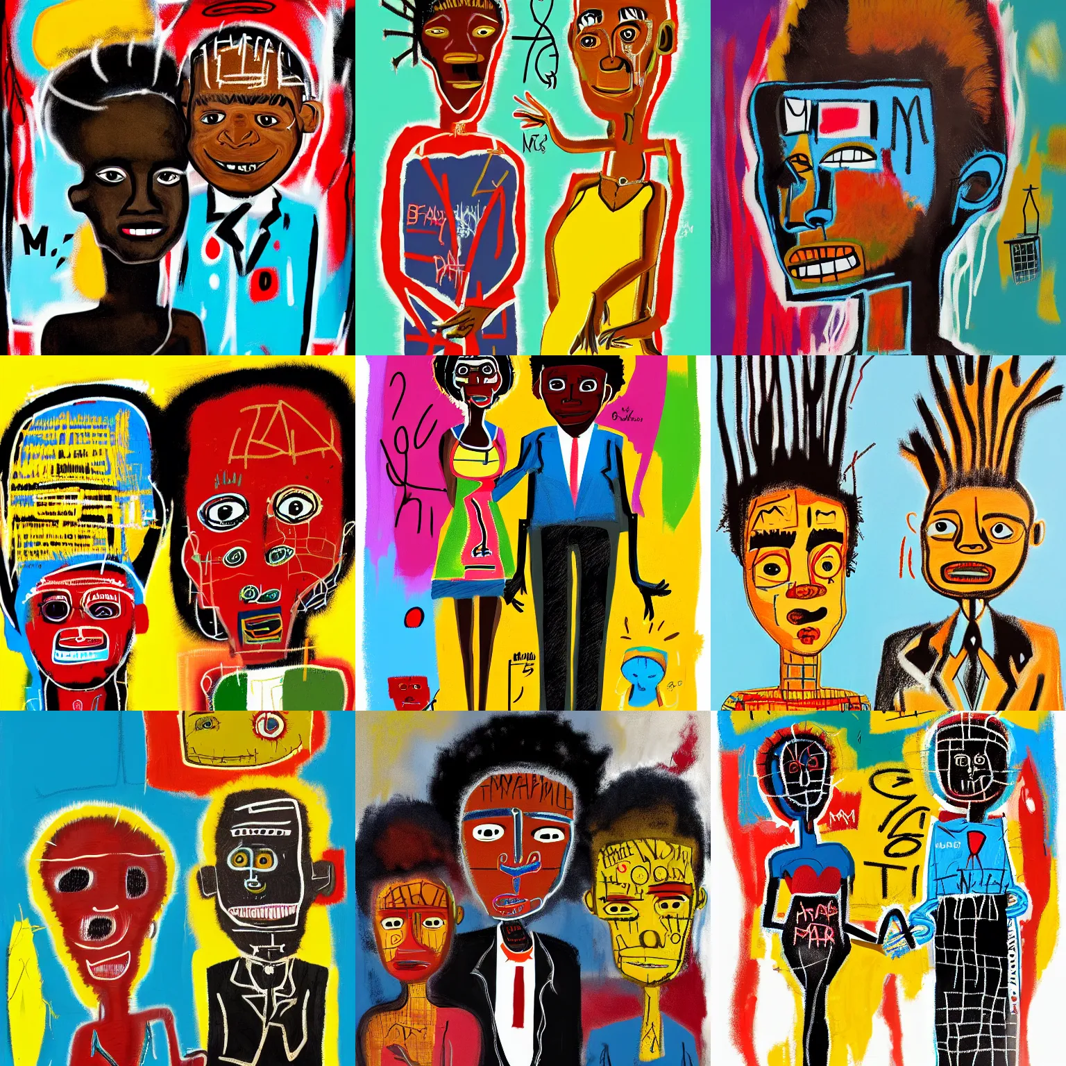 Prompt: momma and papa, by aboudia, jean - michel basquiat and genesis tramaine, trending on deviantart