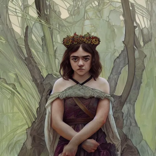 Prompt: maisie williams as beautiful natural coy cottagecore goddess maiden, master life drawing, intricate, elegant, highly detailed, digital painting, artstation, concept art, smooth, sharp focus, illustration, art alphonse mucha and james gurney and marc simonetti and wlop