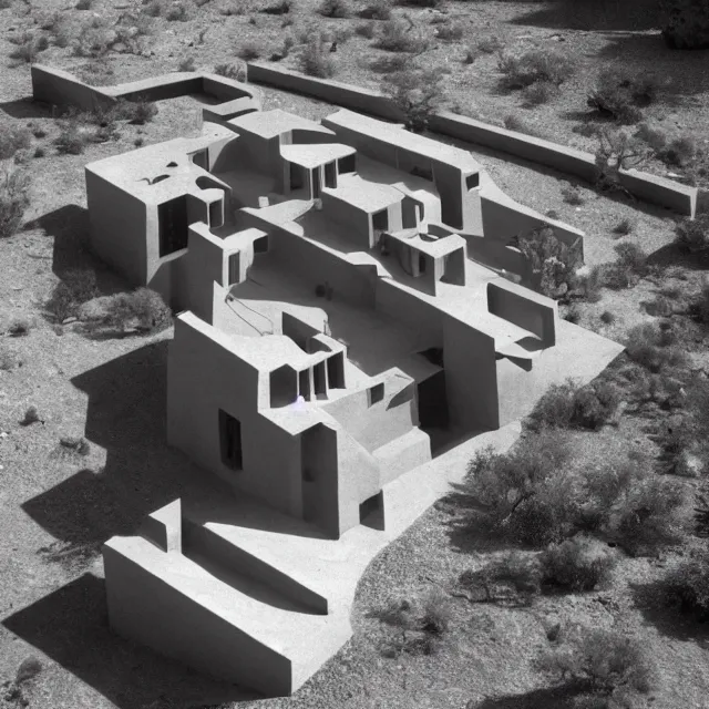 Image similar to a bizarre house in the desert designed by m. c. escher