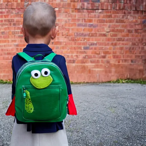 Prompt: 8k photograph of a frog wearing a backpack and school uniform. On his way to his first day at school