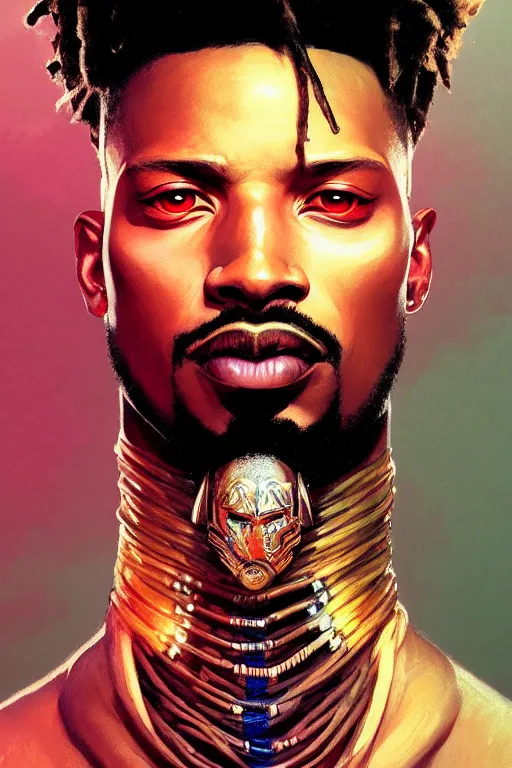 Image similar to a portrait of killmonger, fantasy, sharp focus, intricate, elegant, digital painting, artstation, matte, highly detailed, concept art, illustration, ambient lighting, art by ilya kuvshinov, artgerm, alphonse mucha, and greg rutkowski