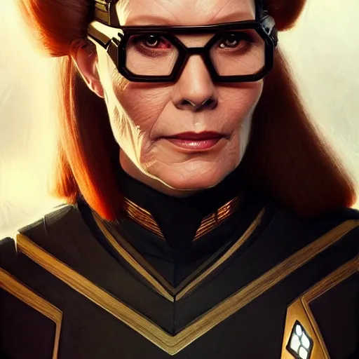 Prompt: portrait of the borg queen from star trek the next generation lady with glasses, ginger,, elegant, real life skin, intricate artwork, high detailed, artstation, concept art, smooth, sharp focus, art by artgerm and greg rutkowski