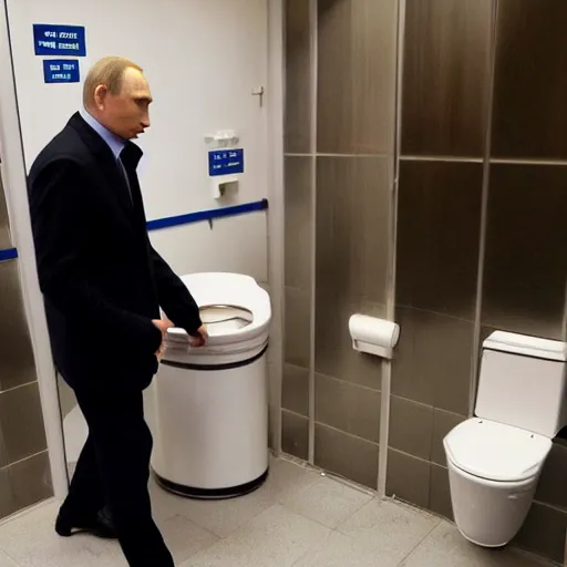 Image similar to wary Vladimir Putin leaving a public toilet with a suspicious suitcase