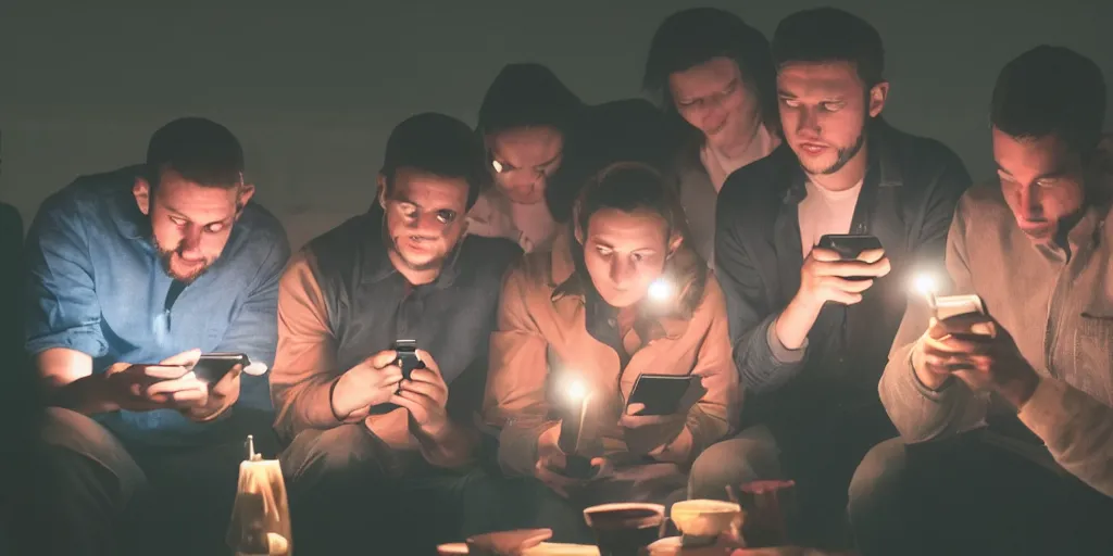 Prompt: group of people in a dark setting, illuminated by the different color of screen of their smartphones. calm social gathering. partecipating in a social game. picture taken with smartphone camera, iphone 12 camera, 4K, highly detailed, vibrant colors