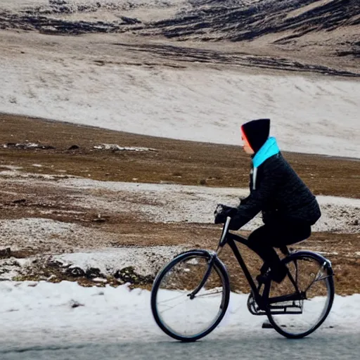 Prompt: A woman in warm clothes traveling by bicycle on the roads of Iceland. The bicycle has saddlebags.
