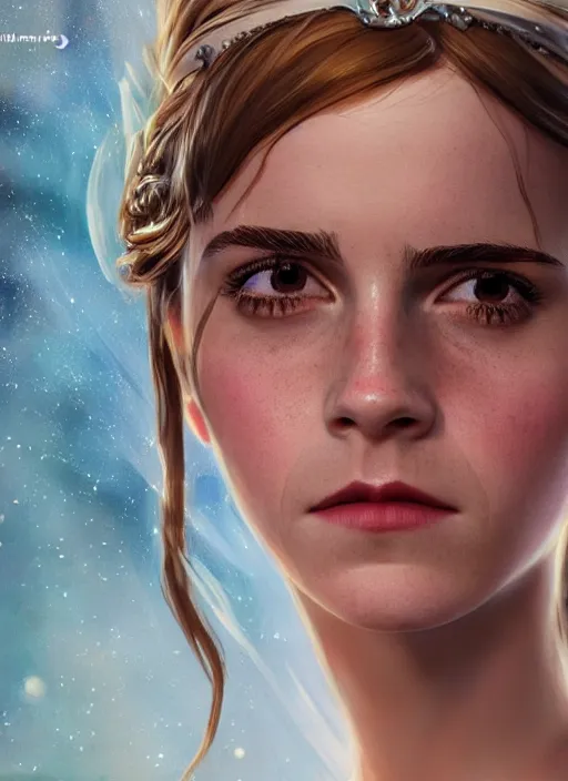 Image similar to emma watson as princess sofia, naturel, hyper detailed, digital art, trending in artstation, cinematic lighting, studio quality, smooth render, unreal engine 5 rendered, octane rendered, art style by klimt and nixeu and ian sprigger and wlop and krenz cushart