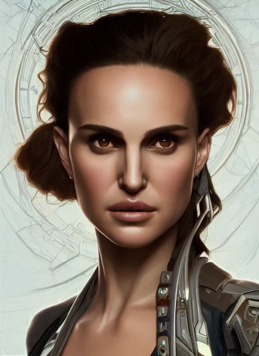 Image similar to symmetry!! portrait of natalie portman in the style of horizon zero dawn, machine face, intricate, elegant, highly detailed, digital painting, artstation, concept art, smooth, sharp focus, illustration, art by artgerm and greg rutkowski and alphonse mucha, 8 k