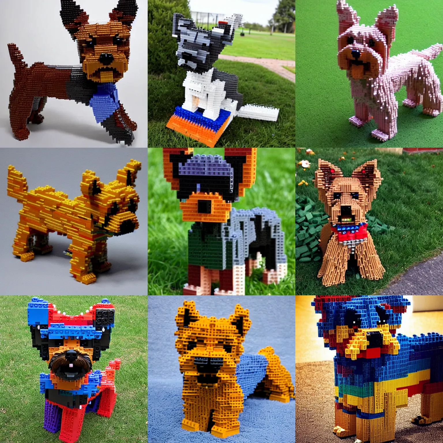 Prompt: a beautiful sculpture of a very cute yorkshire terrier made out of legos.