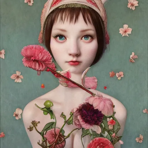 Image similar to white cat girl, botanical, portrait face, colorful, kupka, intricate, miles johnston, kuroda seiki, cynical realism, ozabu, john william godward, painterly, yoshitaka amano, moebius, miles johnston, louise zhang, james jean, mark ryden lowbrow pop surrealism art style