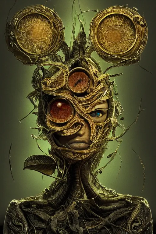 Image similar to portrait of a carnovorous plant with cat eyes, intricate, dystopian, extremely detailed, digital painting, sculpted in zbrush, artstation, concept art, smooth, sharp focus, illustration, chiaroscuro lighting, golden ratio, rule of thirds, fibonacci, incredible art by Stanley Artgerm Lau and Greg Rutkowski, composition by mike mignola and Simon Stalenhag,