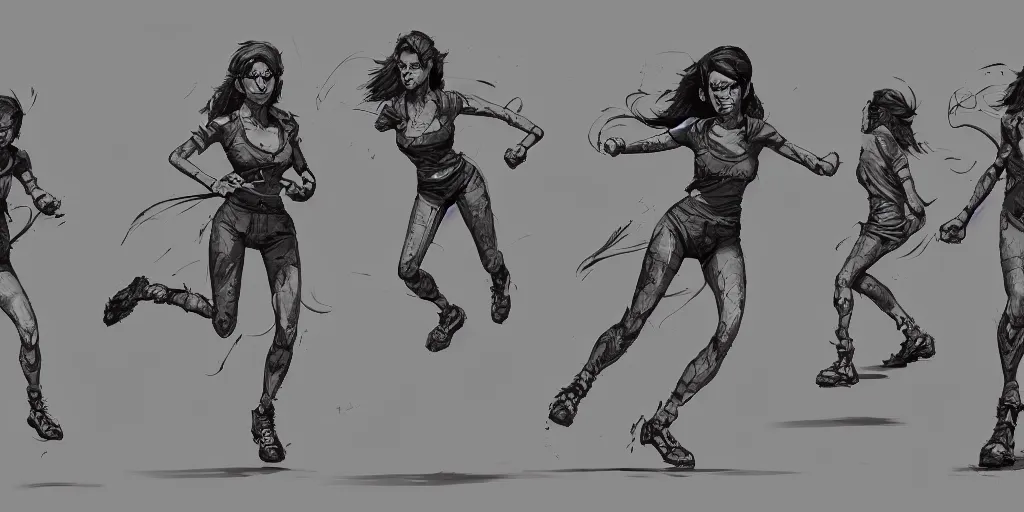 Image similar to cartoonish brigitte bardot running, character sheet, fine details, concept design, contrast, kim jung gi, greg rutkowski, trending on artstation, 8 k, full body, turnaround, front view, back view, ultra wide angle