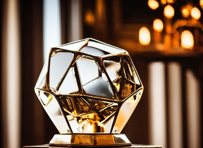 Prompt: a reflective geometric polyhedral steel engineering trophy at a high end bar in a medieval themed castle in golden afternoon light, professional food photography