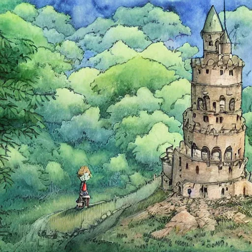 Image similar to laputa castle in the sky robot hayao miyazaki walks in a small clearing among trees, watercolor illustration for a book