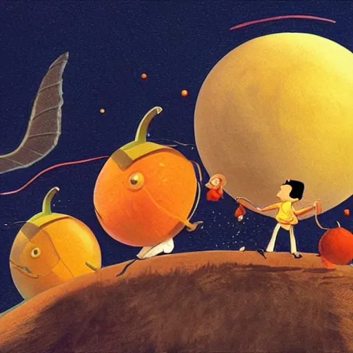 Prompt: concept art of james and the giant peach, steven spielberg style