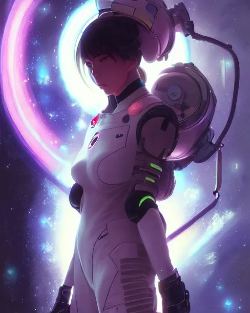 Image similar to anime visual of a female astronaut, neon, cyberpunk, black futuristic suit, stunning, highly detailed, digital painting, artstation, smooth, soft focus, illustration, art by artgerm and greg rutkowski and alphonse mucha