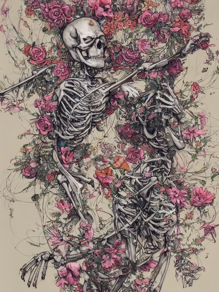 Image similar to a realistic skeleton covered in flowers in a dynamic pose, in the style of james jean and peter mohrbacher, highly detailed, soft lighting,