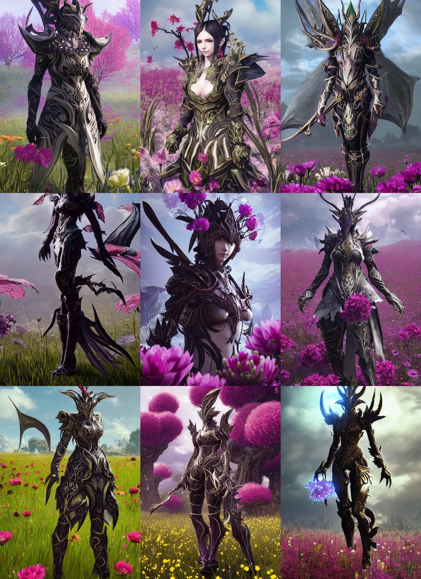 Prompt: a distant character portrait of an au ra with dragon scale skin standing in a field of flowers wearing warframe armor, in the style of final fantasy xiv, octane render, digital painting, a realistically proportioned face, photorealistic eyes, good value control, smooth, realistic shading, realistic face details, illustration, substance painter, very highly detailed