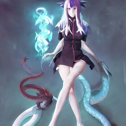 Prompt: an anime girl wtih dragon horns and snake tail,full body,by ruan jia and Ilya Kuvshinov,trending on pixiv