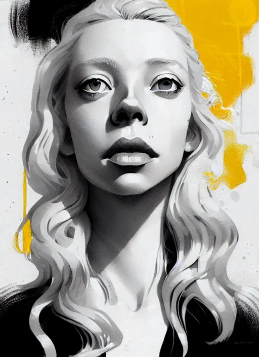 Image similar to highly detailed closeup portrait of beautiful portia doubleday, blonde wavy hair, angela moss, white suit by atey ghailan, by greg rutkowski, by greg tocchini, by james gilleard, by joe fenton, by kaethe butcher, gradient yellow, black and white color scheme, grunge aesthetic!!! ( ( graffiti tag wall background ) )