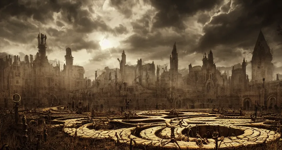 Image similar to circular labyrinth made out of bones, art deco medieval style, grimdark vibes, golden skeleton statue in center of labyrinth, abandoned vibes, gloomy moody clouds, god sun rays, complimentary color scheme, G liulian Art style, dynamic lighting, highly detailed, cinematic landscape, octane render, unreal engine