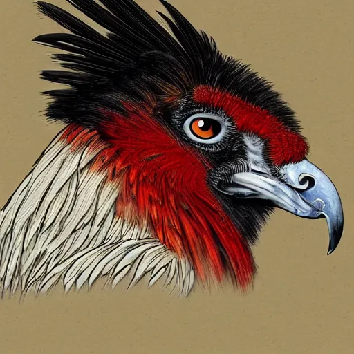 Image similar to a side portrait of a red bearded vulture made in a fantasy art style, highly detailed