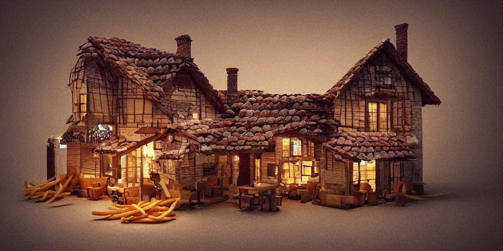 Prompt: house made of french fries, artstation trending, winner, 1 st place, octane render, 8 k, dramatic lighting, tasty, food photography, food decoration, highend, illustration!!!!, fine details,