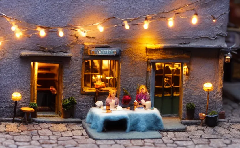 Prompt: mini cafe diorama macro photography, cafe for felted animals, alleyway, ambient, atmospheric photograph, string lights, romantic
