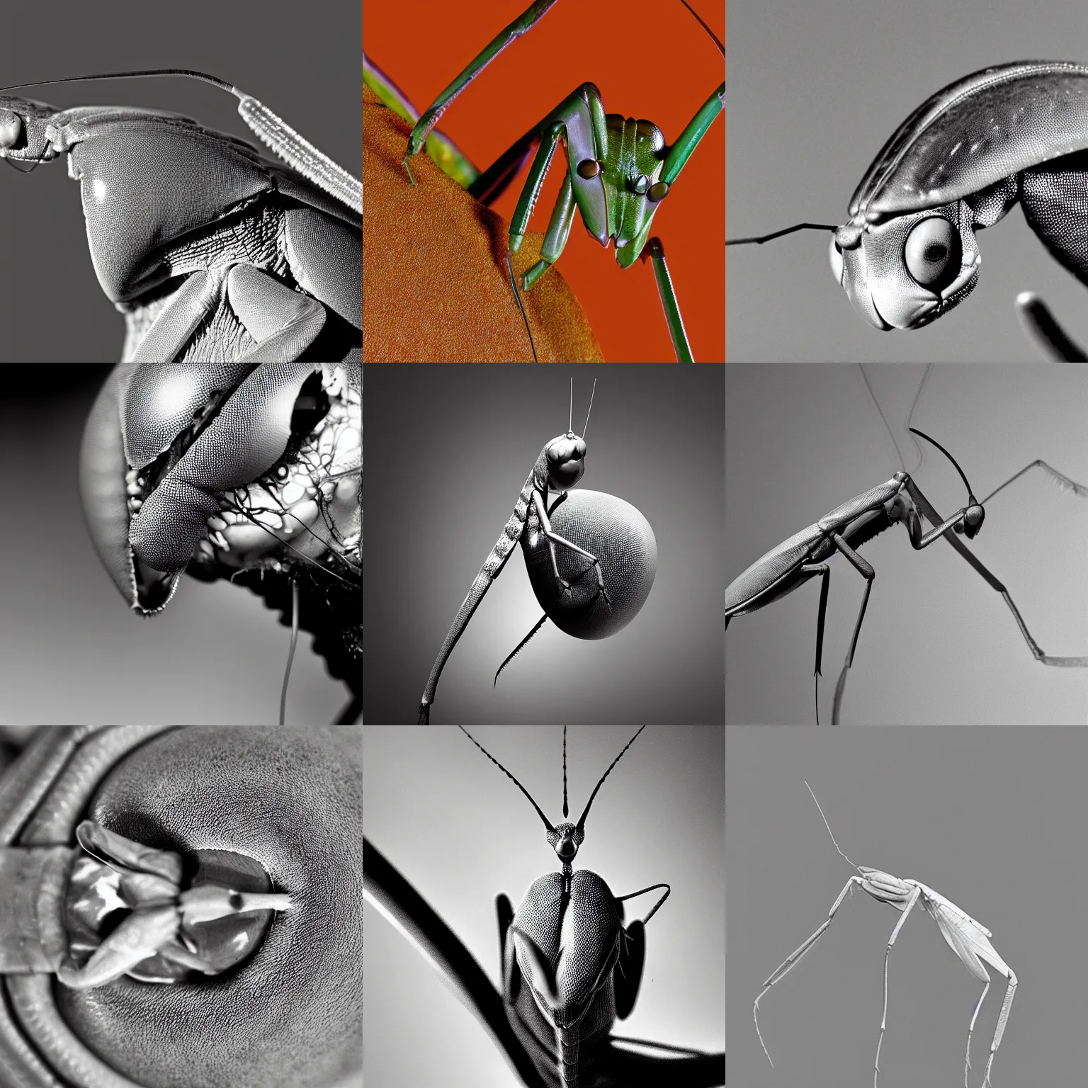 Prompt: praying mantis head, electron microscope photo,