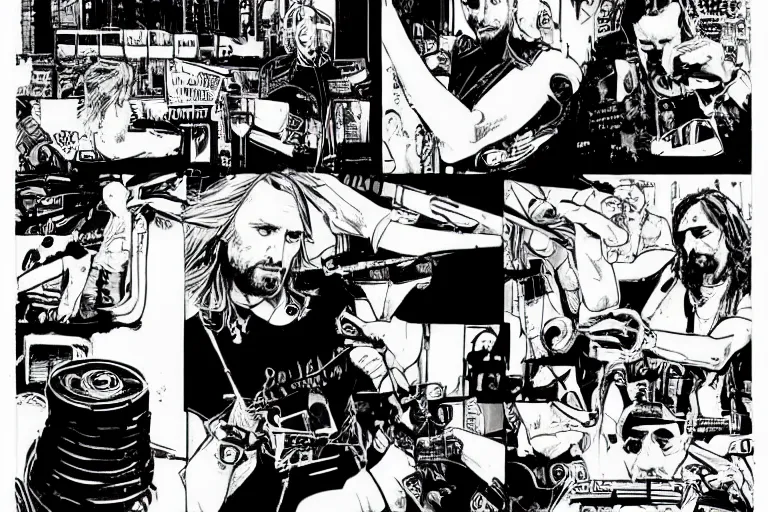 Image similar to david guetta djing with a turntable, a page from cyberpunk 2 0 2 0, style of paolo parente, style of mike jackson, adam smasher, johnny silverhand, 1 9 9 0 s comic book style, white background, ink drawing, black and white