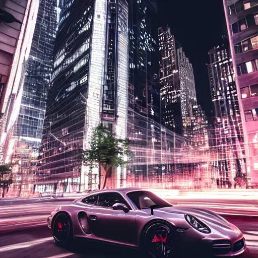 Prompt: porsche in front of skyscraper in the streets of new york city at night, vanishing point, long exposure, rose pink lighting, atmospheric, award winning photo