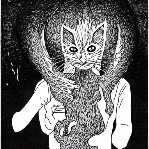 Image similar to a frightening cat consuming a body whole, by junji ito