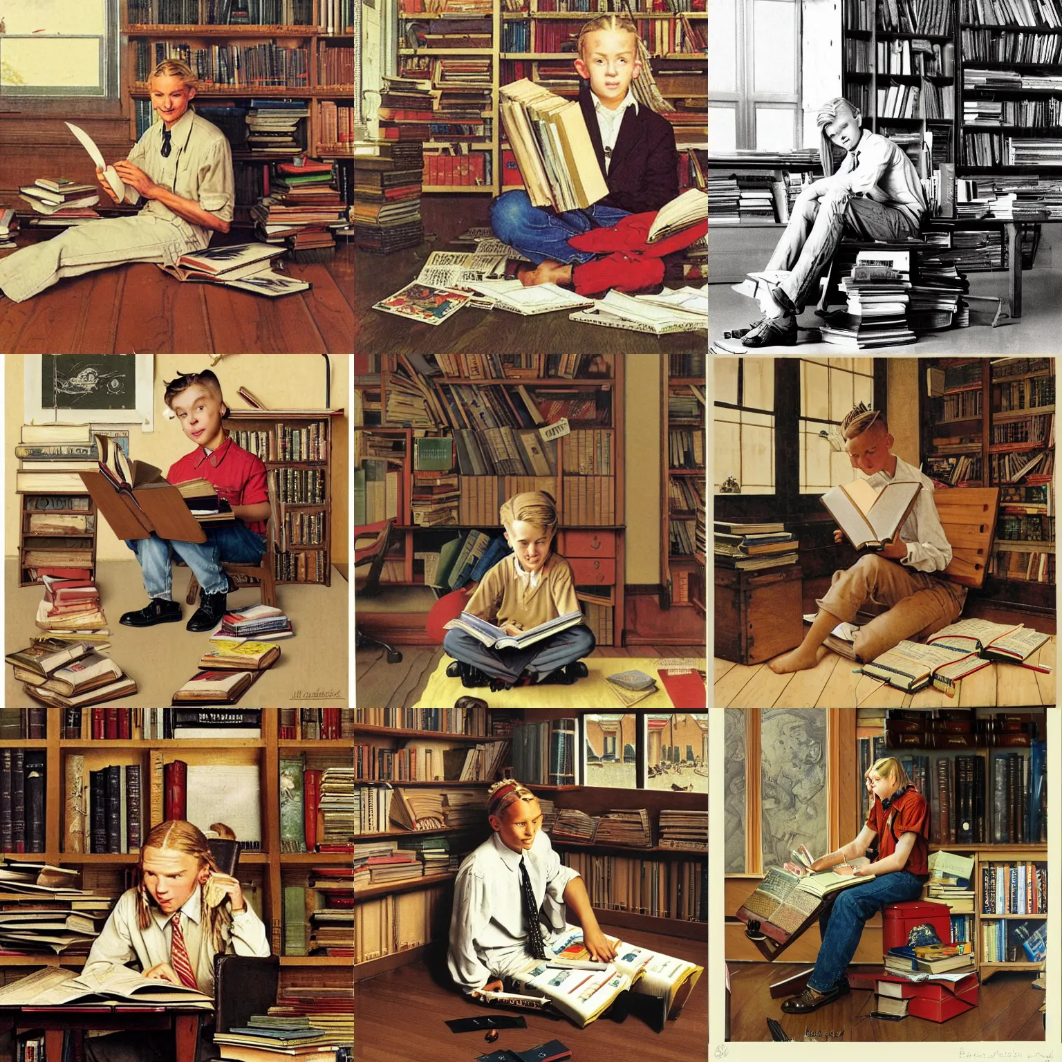 Prompt: A handsome young man with long blond braids and wooden airplane wings sitting on the floor, surrounded by open books, and trying to study , by Norman Rockwell