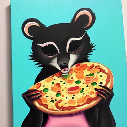 Image similar to an adorable and cute jeremiah ketner acrylic impasto! painting! of a crying, sad raccoon eating pizza