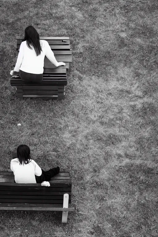 Image similar to A photograph of two benches in a clearing, a woman sitting on one of the benches reading a book, looking down from above,black and white photo.ISO200,F4.5,80mm,1/30,Nikon D3.