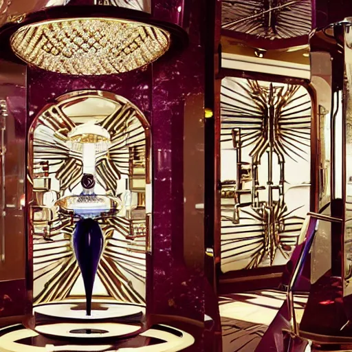 Image similar to a luxury handbag in year 3000, art-deco style, in entrance hall of an art-deco skyscaper, photography , official vuitton editorial , highly detailed