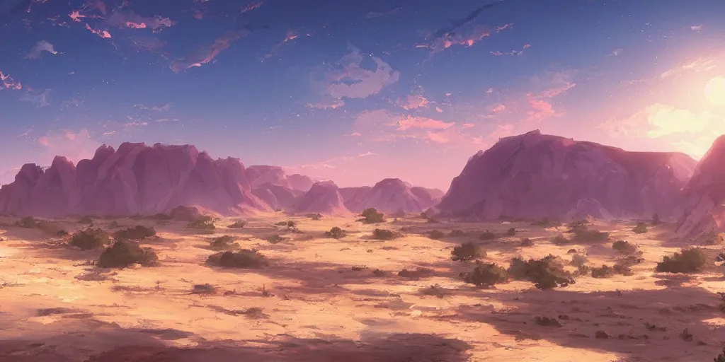 Image similar to a stunning desert landscape by makoto shinkai