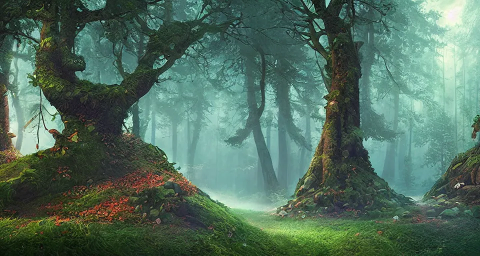 Premium Photo  An enchanting elven forest shrouded in mystic fog