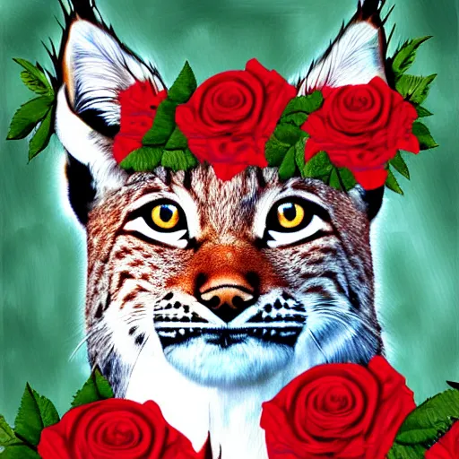 Prompt: lynx wearing Caesar's crown made out of roses, Caesar's crown, an expressive digital painting, high quality art,