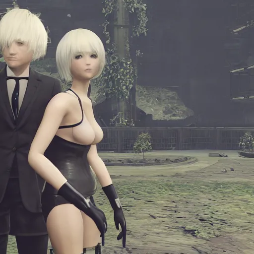 Image similar to Screenshot from Nier Automata with Boris Johnson