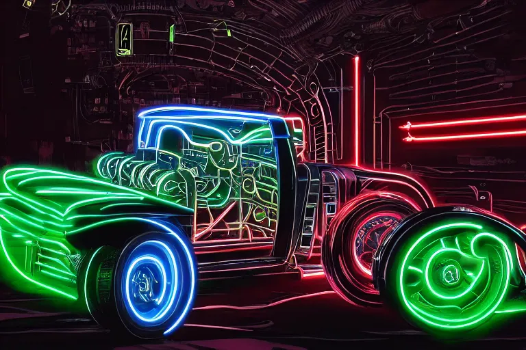 Image similar to cyberpunk version of a 1 9 3 0 cadillac v 1 6, neon