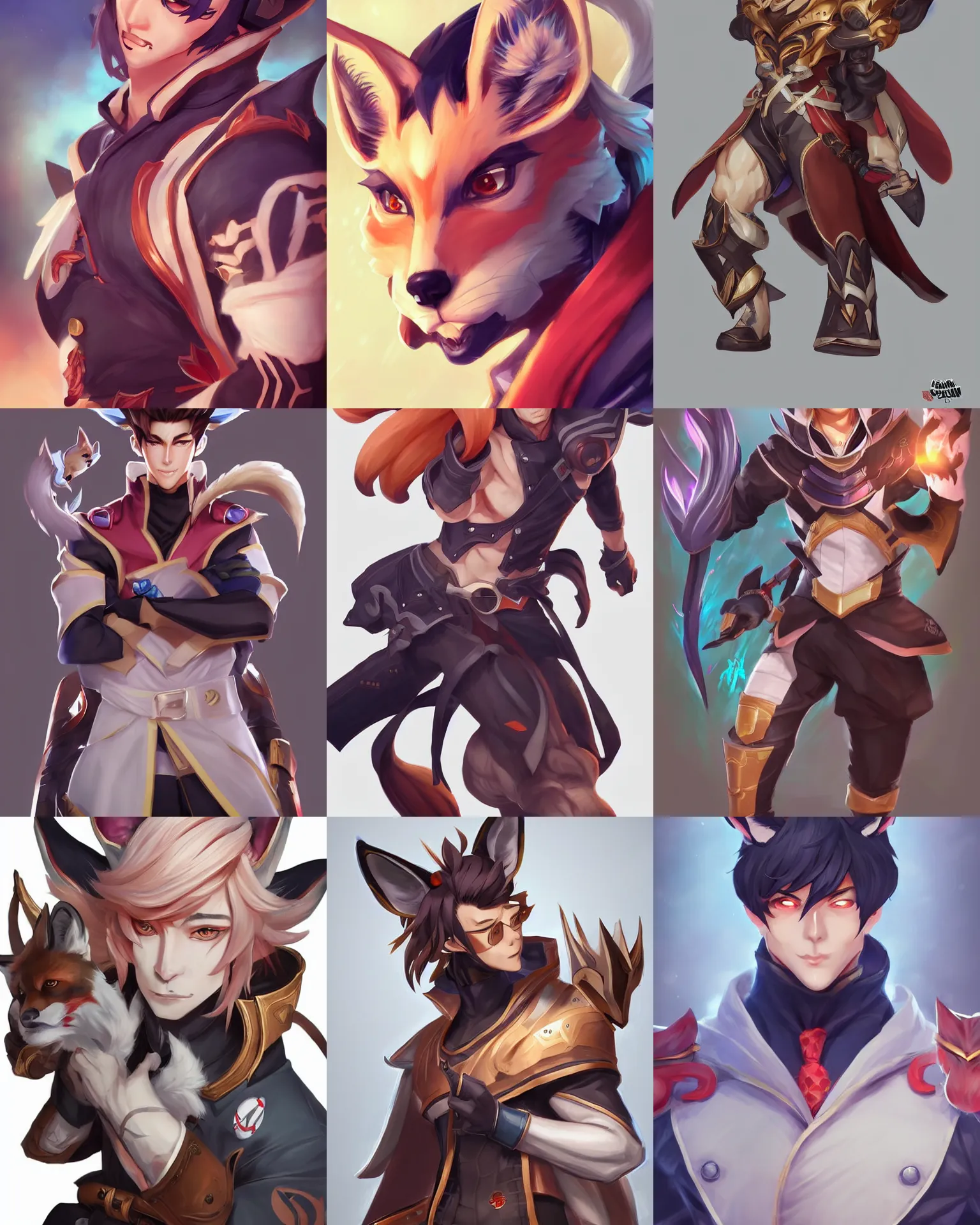 Prompt: A handsome man with fox ears, official Genshin Impact character concept, League of Legends official character concept, anime, by Artgerm and Sakimichan, professional character designer, trending on Artstation, highly detailed, cgsociety