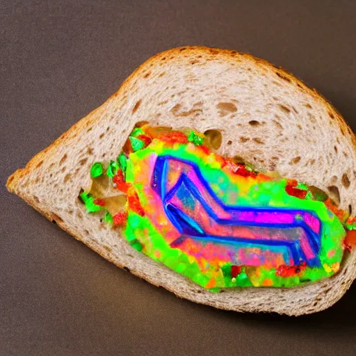 Image similar to an extremely high quality photo of a surreal rainbow-opal-topaz-sandwich, the polymer clay ((sandwich)) creation, a hybrid mixture of sandwichopalrainbow and opalrainbowtopaz, promotional photo, 4k polymer clay food photography