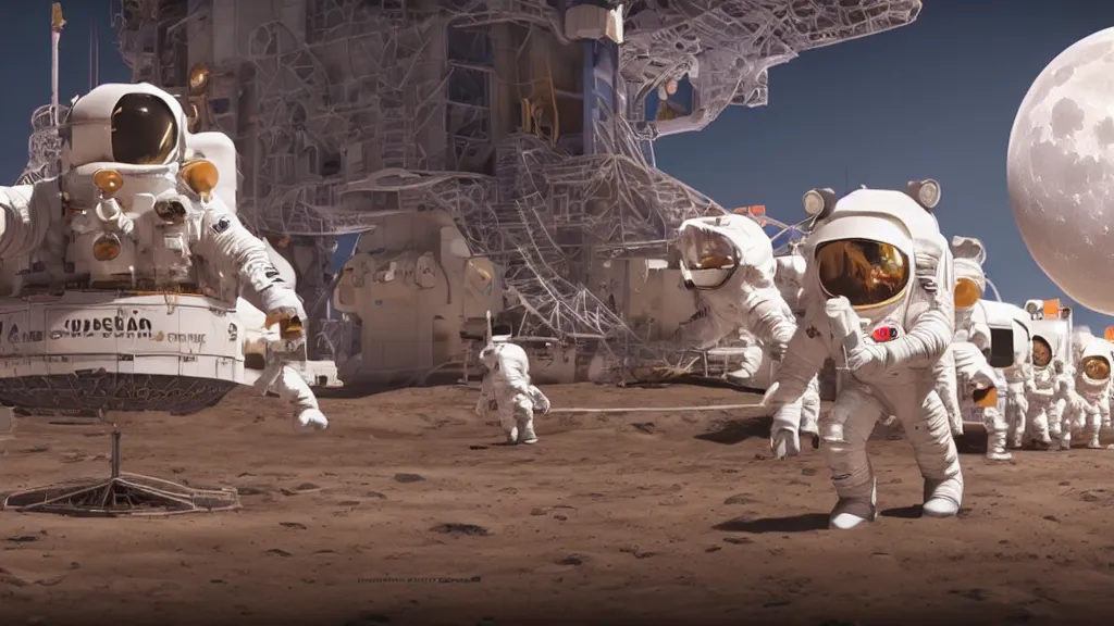 Image similar to disney world on the moon, photorealistic, 8 k, extreme detail, rendered in octane, rendered in arnold, rendered in vray, created in unreal engine 5, crowds of people in space suits