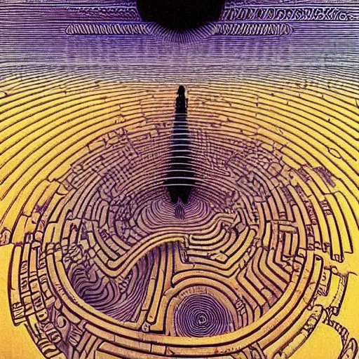 Image similar to the world is labyrinth beyond possibility of imagining, inhabited on many levels by alien intelligence, infinite in extent, staggering in its beauty, terrifying in its weirdness, endlessly satisfying and peculiar, by jean giraud