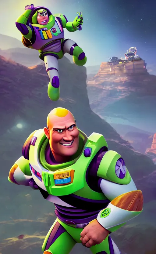 Image similar to dwayne johnson as buzz lightyear, dynamic lighting, photorealistic fantasy concept art, trending on art station, stunning visuals, creative, cinematic, ultra detailed