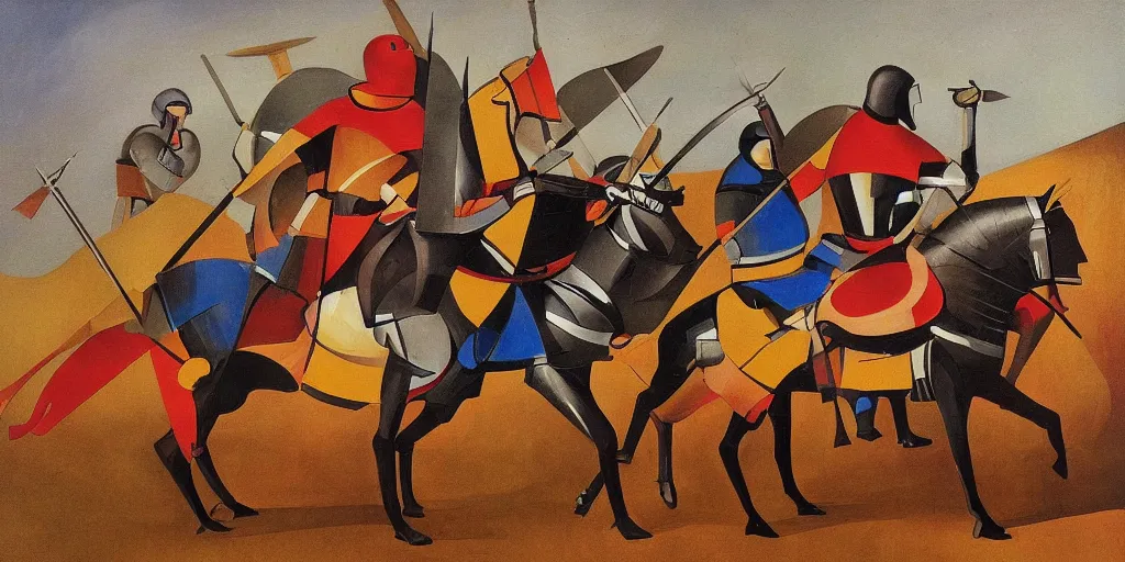 Image similar to futurism style painting of medieval knights jousting