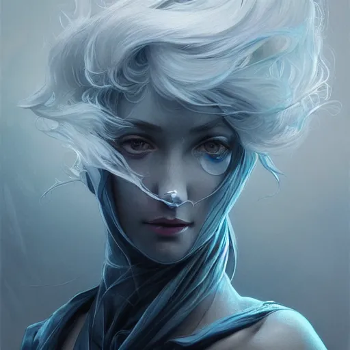 Image similar to Despair is a hue created with swirls of black gouache, hopeless grey, and a daub of cold blue, intricate, highly detailed, digital painting, artstation, concept art, smooth, sharp focus, illustration, Unreal Engine 5, 8K, art by artgerm and greg rutkowski and alphonse mucha