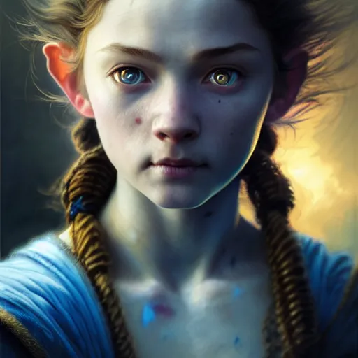 Image similar to portrait painting of a halfling monk girl with heavy scars and gorgeous blue eyes, ultra realistic, concept art, intricate details, eerie, highly detailed, photorealistic, octane render, 8 k, unreal engine. art by artgerm and greg rutkowski and charlie bowater and magali villeneuve and alphonse mucha