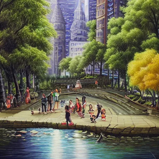 Image similar to people enjoying a beautiful city of the future in harmony with nature. Beautiful detailed painting by Lurid. (2022)